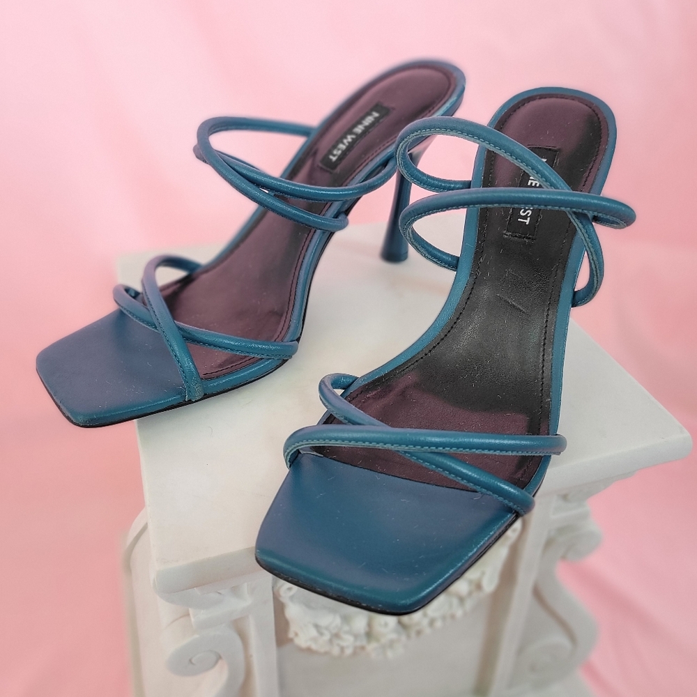 Nine West Fabiola Teal Leather Square Toe Slide Sandals - Sz 8